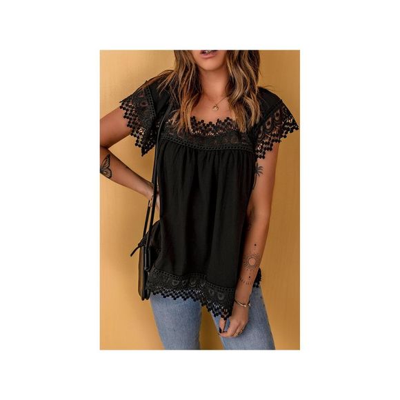 Azura Exchange  Black Lace Pom Pom Splicing Square Neck Blouse - Picture 7 of 7